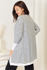 Double Take Striped Open Front Longline Cardigan OutfitFlow